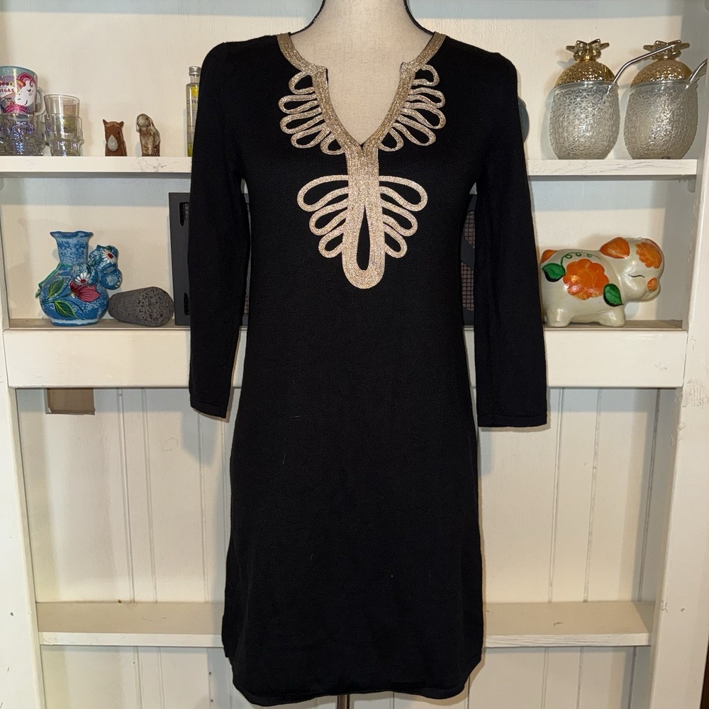 Lilly Pulitzer Medium 100% Merino Wool Black Gold Delvin Sweater Dress